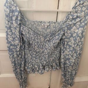 Reformation Light Blue Floral Smocked Blouse